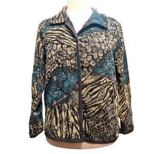 Womens L Jacket Reversible Jacquard Brocade Black Gold Blue Boho 90s Vintage
